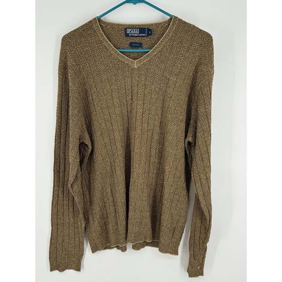 Polo Ralph Lauren Men's Brown V-neck L/S‎ Sweater 100% Silk Size Large Preppy - Picture 1 of 8